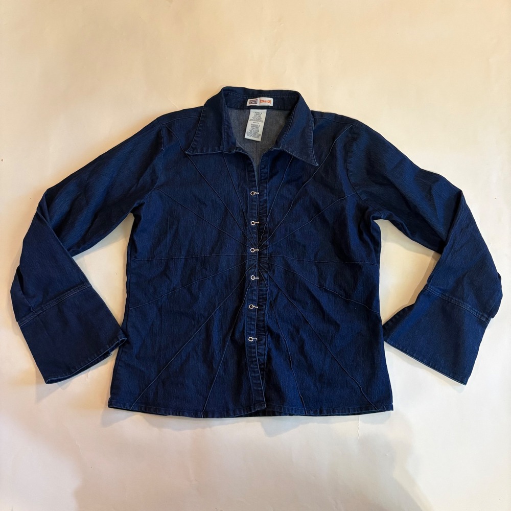 Faded Glory Womens Large Denim Shirt Dark Wash Sunburst Seams Hook Eye FG58-025D
